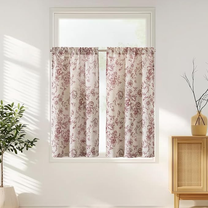 jinchan Floral Linen Tier Curtains 45 Inch Farmhouse Botanic Cafe Drapes for Small Windows Rustic Half Window Curtains for Kitchen Living Room Bathroom Laundry 2 Panels Red on Beige
