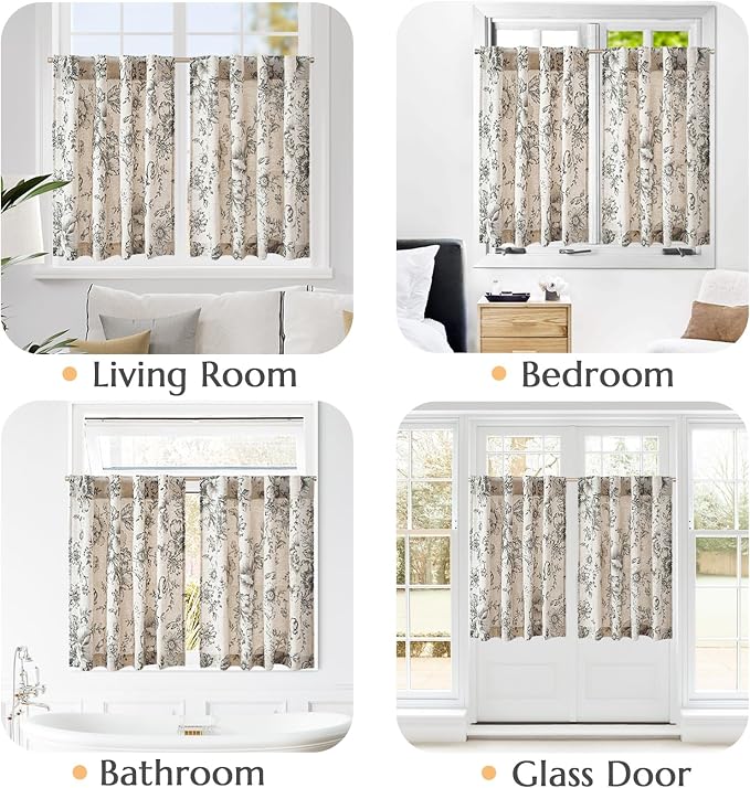 jinchan Linen Floral Tier Curtains 54 Inch Farmhouse Botanic Cafe Curtains Light Filtering Drapes for Small Windows Back Tab Half Window for Kitchen Living Room Bathroom 2 Panels Black