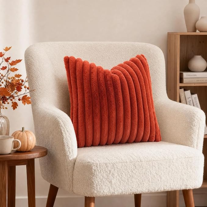 decorUhome Fall Cozy Faux Fur Throw Pillow Covers 22x22 Set of 2 Decorative Soft Plush Striped Modern Farmhouse Boho Couch Euro Sham Pillow Cases with Velvet Back for Sofa Bed Living Room, Rust
