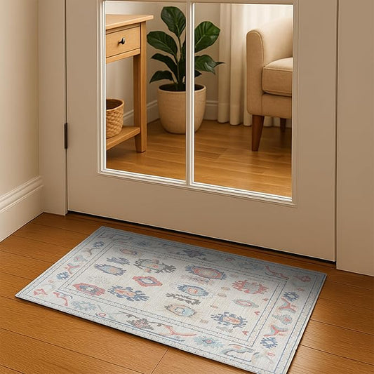 Beige Boho Oushak Rug 2x3 - Vintage Turkish Small Area Rugs for Kitchen Floor, Non-Slip Washable Rugs for Entryway, Entrance, Bathroom, Bedroom, Under Table, Living Room, Indoor
