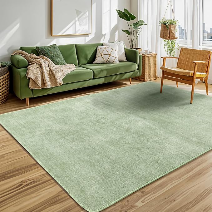 6x9 Washable Area Rug, Green Solid Area Rugs for Living Room & Bedroom | Stain-resistant & Non-slip backing,Low Pile Washable Large Carpet, Solid Vintage Style For High Traffic Areas(6x9,Green)