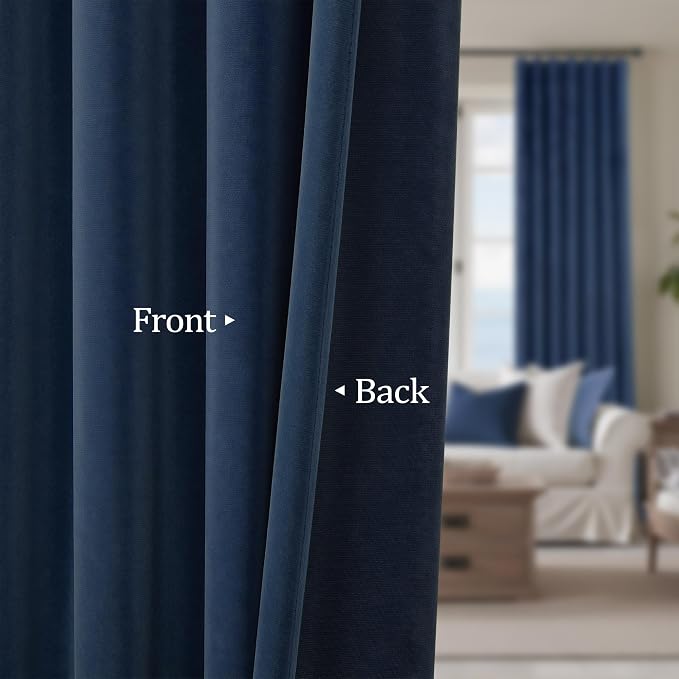 Navy Velvet Curtains 108 Inches Long 2 Panel for Patio Sliding Door Soundproof Light Blocking Solid Privacy Royal Blue Dark Out Drape for Bedroom Living Room Darkening Thermal Coastal Decor 9ft Length