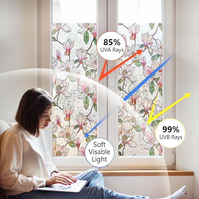 Ranzdn Window Privacy Film - Stained Glass Window Film Static Cling UV & Heat Blocking Rainbow Window Film for Glass Doors, Bedroom Windows - No Glue Premium Vinyl (Easy Install,45.2"×78.7")