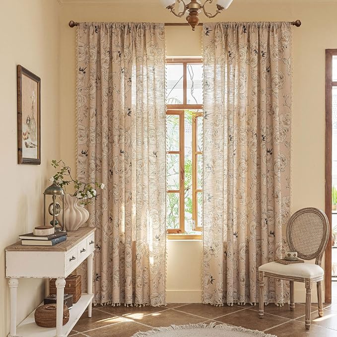 OYX Boho Floral Semi-Blackout Curtains for Bedroom, 2 Panels 52x96 Inches, Grey Rose Vintage Country Pattern with Tassels, Rod Pocket Design, Farmhouse Window Treatments