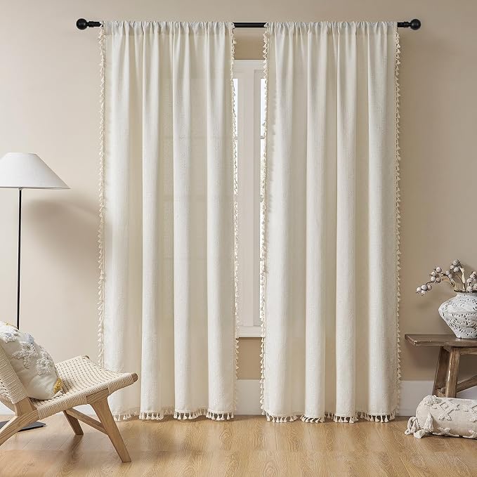 Joydeco Custom Boho Curtains 1 Panel, Boho Curtains for Bedroom Living Room, Super Soft Light Filtering Country Rustic Semi Sheer Farmhouse Curtains Rod Pocket (Custom, Beige)