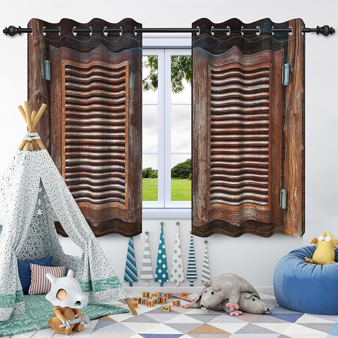 Rustic Wooden Barn Door Blackout Window Curtains Wood Planks Farm Farmhouse Curtains Country Retro Western Vintage Brown Window Treatments Kitchen Bedroom Living Room Decor,53x45 inch,2 Panels