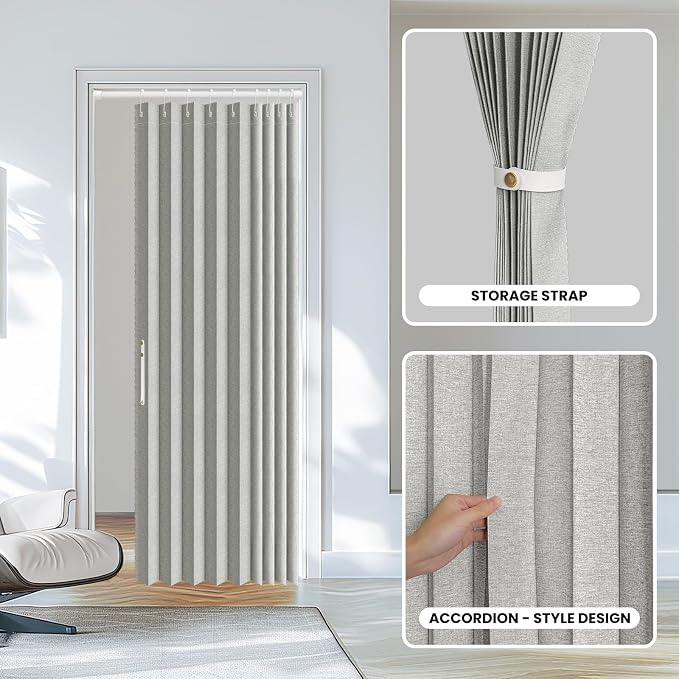 AJAZZ Set: Curtain Rods No Drilling (28-39" W Adjustable Range) & Accordion Door Curtain Grey 42W×78" L, Accordion Doors for Closet Doorway Room Divider