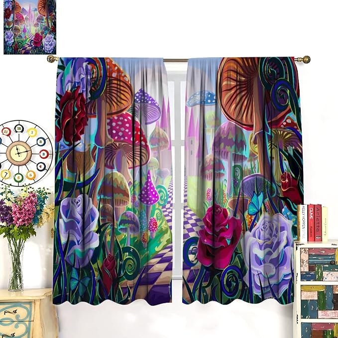 Fantasy Mushroom Curtains,Fairytale Forest Plant Castle Print Window Treatments for Bedroom Living Room Kitchen Colorful Cartoon Floral Window Drapes 2 Panels Set,Total Size84 x 84 Inch