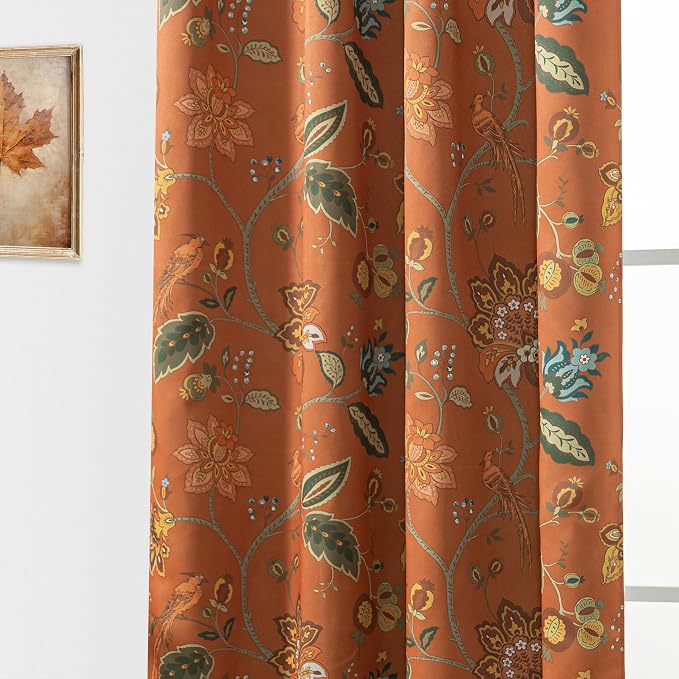 Burnt Orange Boho Curtains Blackout 84 Inch Long, Terracotta Floral Patterned Bohemian Curtain, Retro Vintage Drapes for Living Room Bedroom 2 Panels