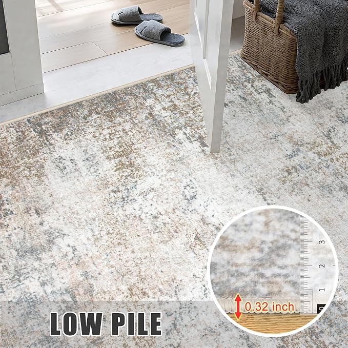 Round Area Rug for Living Room: 8 ft Washable Modern Abstract Soft Thin Rug Indoor Floor No Slip Stain Resistant Carpet for Bedroom Dining Room Farmhouse Nursery Home Office - Brown Grey