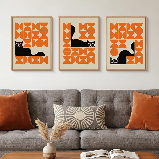 HOURIA Geometric Black Cat Framed Canvas Wall Art Set,Abstract Orange & Cream Wall Decor,Round Eyes Playful Kitten Wall Painting,Modern Animal Prints for Nursery,Living Room,Office - 12"x16"x3
