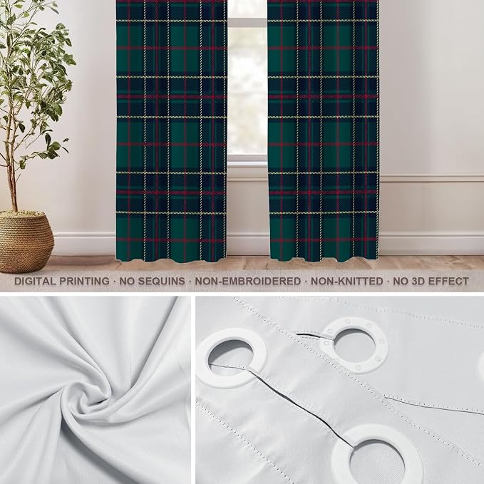 Shrahala Tartan Plaid Blackout Window Curtains, Green Scottish Fabric Kilt Twill Woven Thermal Insulated Curtains Grommet Top Window Drapes for Living Room, Bedroom (2 Panels,52 x 84 in)