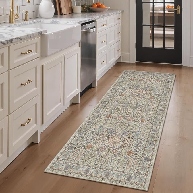 Bavni 2x8 Rug Runners for Hallways, Washable Runner Rug Non Slip,Vintage Floral Print Style Rugs for Bedroom-Lightweight Low Pile Carpet for Hallways Bathroom, Earth Yellow