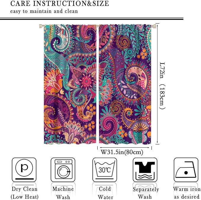 Vintage Bohemian Curtains, Indian Bohemian Mandala Colorful Pattern Blackout Thermal Curtains, Bedroom Living Room Curtains, 2 Panel Set, 63x72 in.
