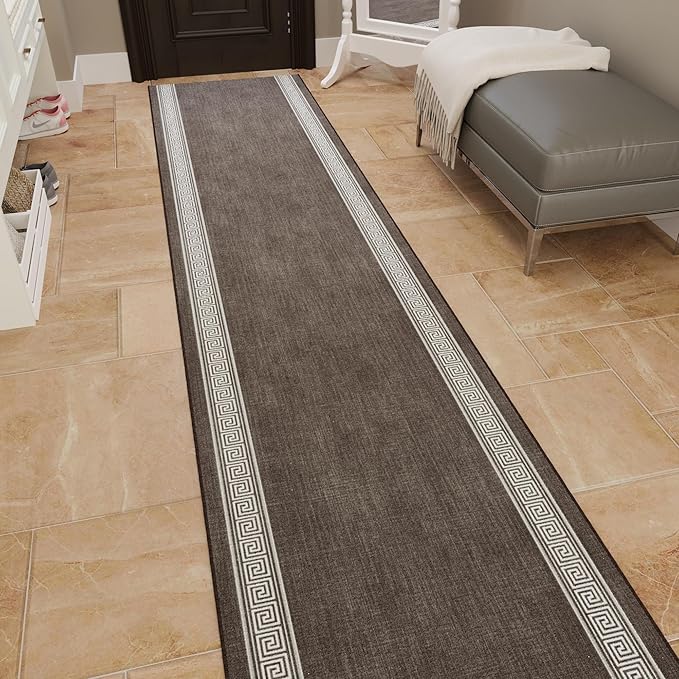 Ottomanson Hallway Runner Rug 2'7" x 12' – Soft Non-Slip Rug, Low Pile Carpet for Entryway, Kitchen & Long Hallways in Apartments and Homes, Greek Border Brown