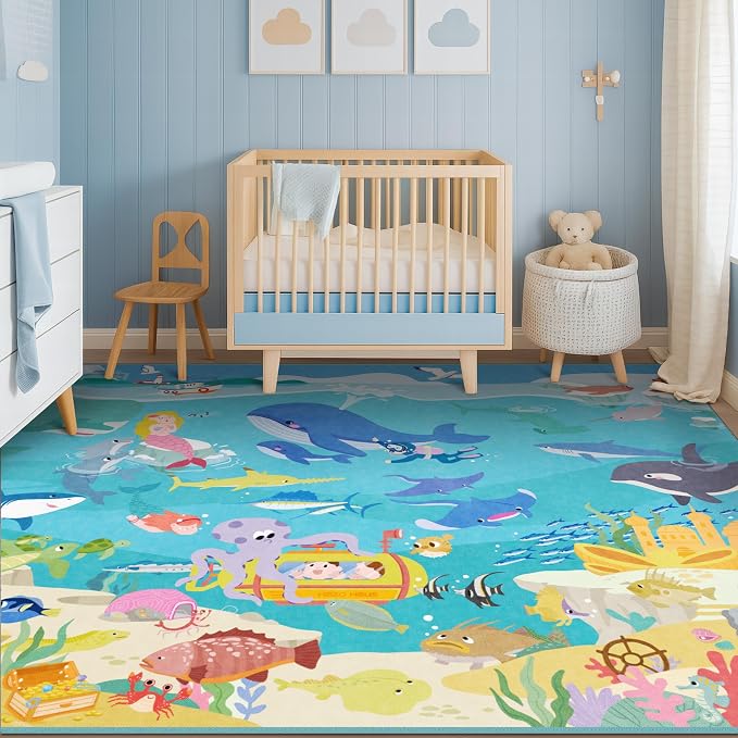 Blue Ocean Themed Rug for Kids Room – 5x8 Underwater Area Rug with Sea Creatures & Mermaid, Washable Non Slip Crawling Carpet for Bedroom or Playroom