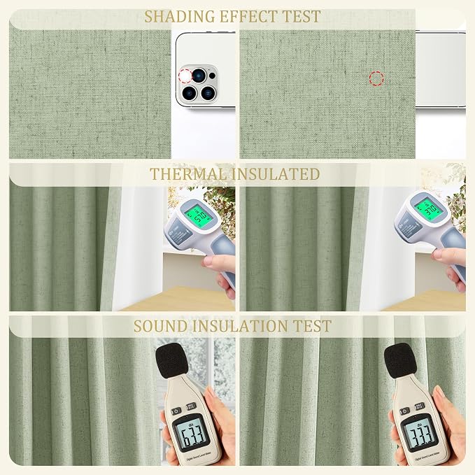 Jowels Light Sage Green Linen Blackout Curtains 96 Length 2 Panels Set for Living Room Bedroom, 100% Black Out Thermal Insulated Linen Drapes, Room Darkening Grommet Curtains 96 Inches Long