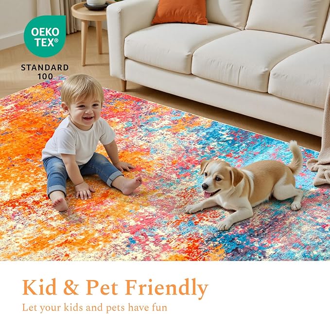 Rugflix 5x7 Area Rugs for Living Room, Washable Colorful Rainbow Rug Stain-Resistant Low Pile, Large Carpet Non-Slip for Kids Girls Room Nursery Bedroom Home Office