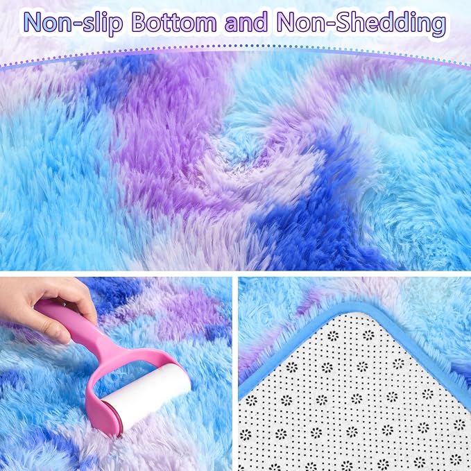 AROGAN Soft Rainbow Area Rugs for Girls Room 5x8 Feet, Fluffy Cute Colorful Princess Carpet for Kids Teens Nursery Toddler,Bedroom Blue and Purple