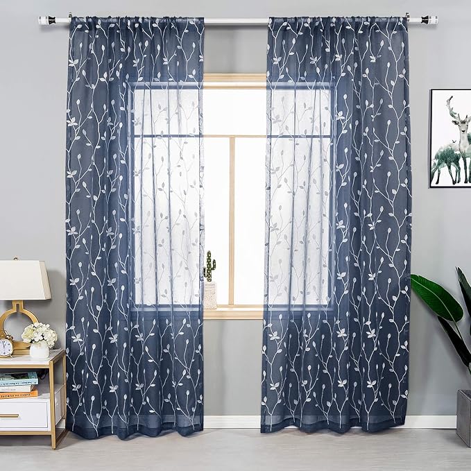 AmHoo 2 Panels Embroidered Leaf Pattern Semi Sheer Curtains Foliage Floral Voile Window Draperies Treatment for Bedroom Living Room Rod Pocket Navy Blue 53 x 84 Inch