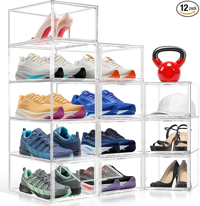 12 Pack Clear Acrylic Shoe Boxes Organizer, Extra-Thick Reinforced Stackable Shoe Storage with Magnetic Door, Dust-Proof Display Cases for Closet & Entryway, Fits up to Men’s 12, Crystal Clear