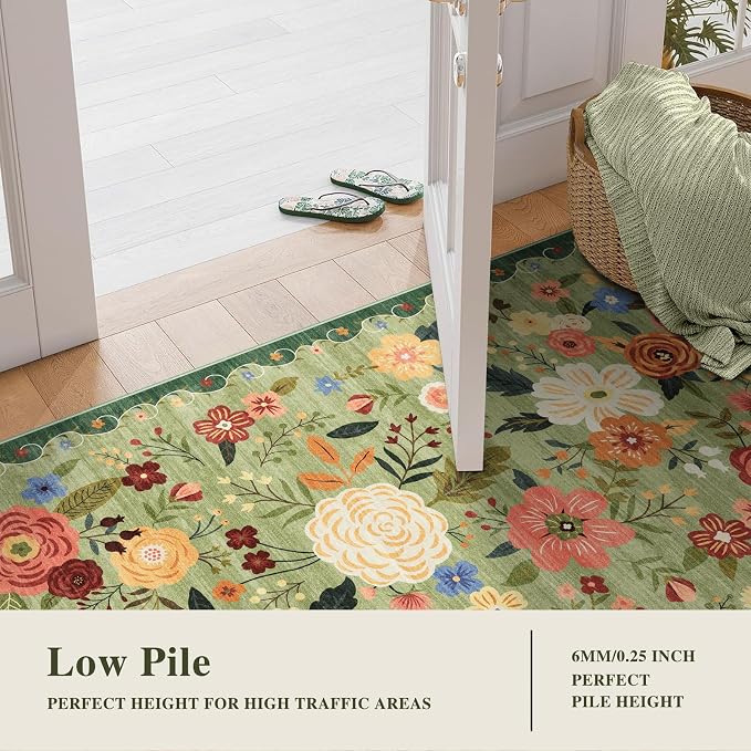 6ft Round Machine Washable Area Rug for Living Room, Light Green Vintage Boho Floral Rug Non-Slip Low Pile Soft Faux Wool Carpet Kids and Pets Friendly for Bedroom Nursery Farmhouse Home Decor Rug