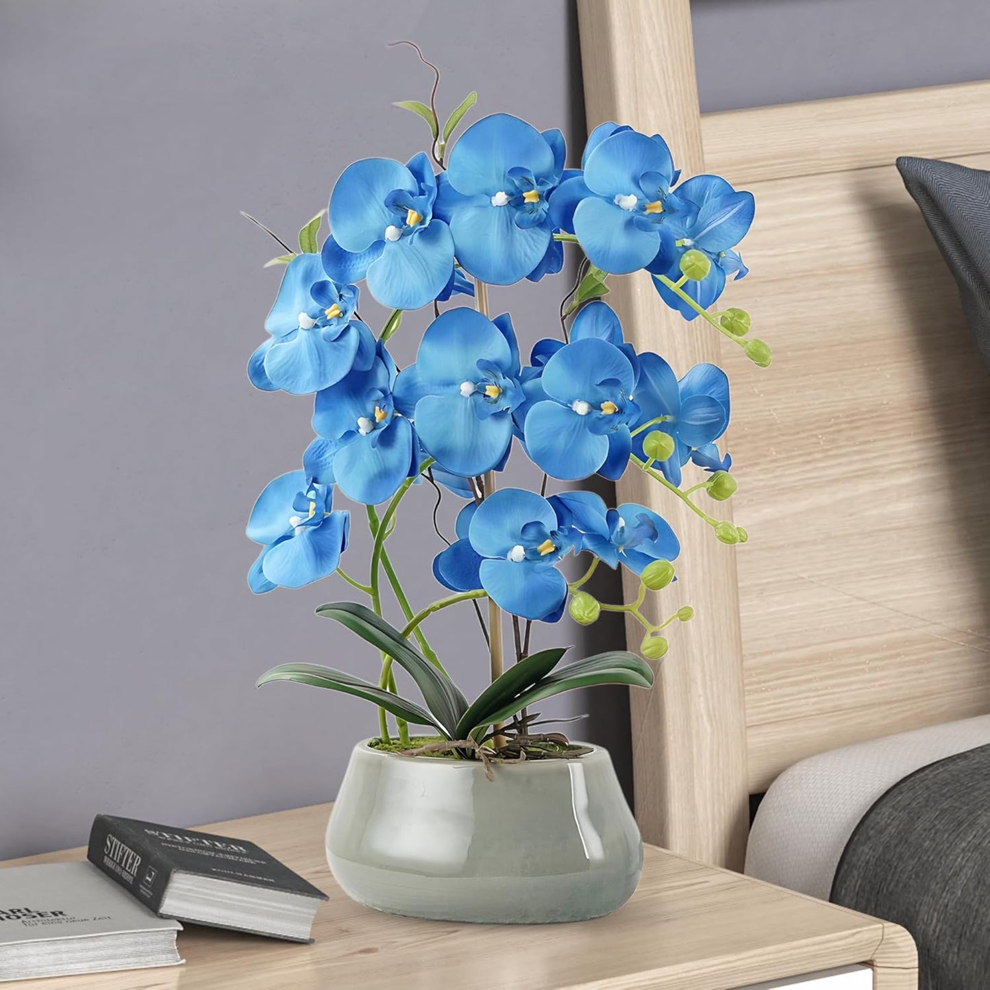 Orchid Artificial Flowers with Gray Vase Large Silk Faux Phalaenopsis Flowers for Dining Room Table Floral Centerpieces Indoor Decoration,Blue