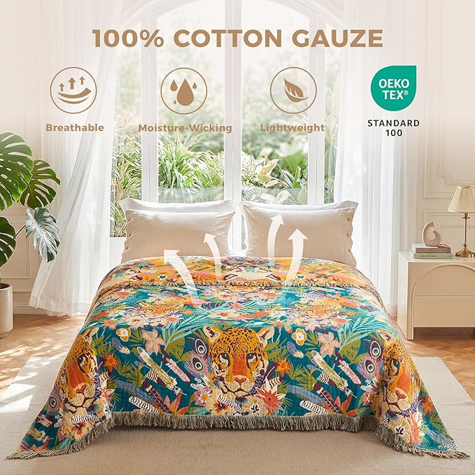 LUTBM Throw Blanket for Bed Couch Sofa Soft Cotton Twin Breathable Spring Blankets for Bedroom Living Room All Season Reversible Quilt Leopard Throws Whimsical Home Decor 60"x80"
