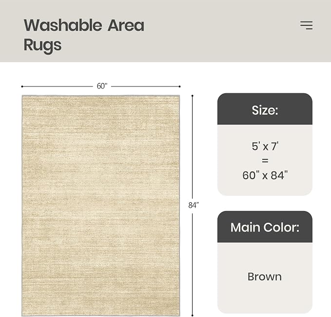 Valenrug Washable Rug 5x7 - Stain Resistant 5x7 Area Rugs for Living Room, Non Slip Backing Printed Rugs for Bedroom, Folable Machine Washable Area Rug (5'x7', Tan)