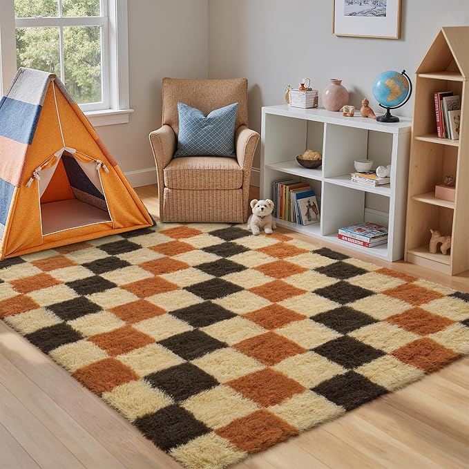 PureCozy Checkered Rug 4x6 for Living Room, Colorful Modern Shag Rug Super Soft Washable Fluffy Rugs Indoor Fuzzy Carpet for Bedroom Home Dorm Aesthetic Decor