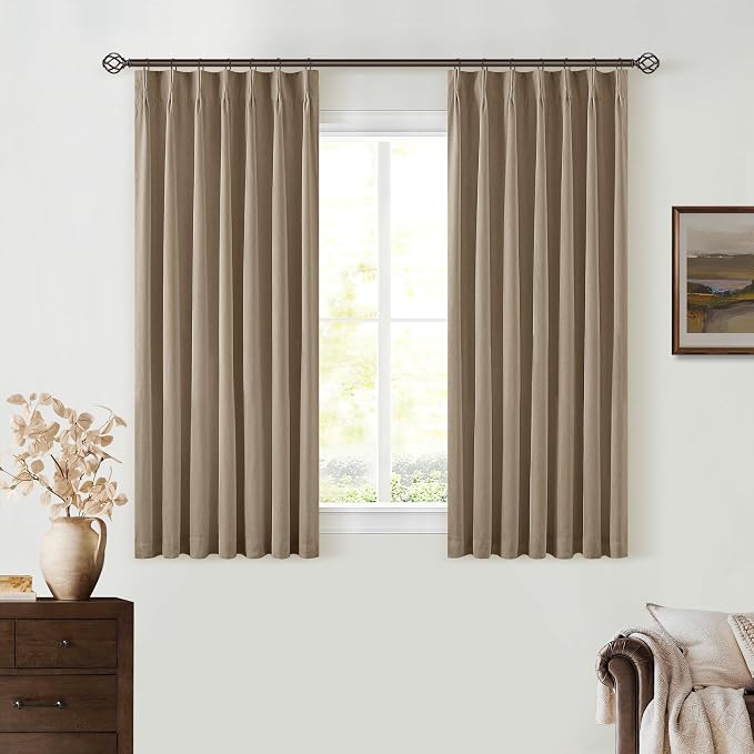 Light Brown Linen Blackout Curtains 45 Inch Length 2 Panels Pinch Pleated Back Tab Short Curtains for Kitchen with 100% Blackout Liner Rustic Farmhouse Drapes for Basement Thermal Insulated Drape