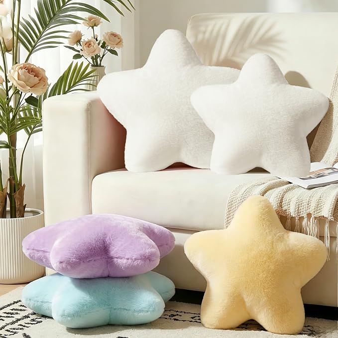 19 Inch Star Shaped Pillow Large Cute Decorative Throw Pillows for Couch Bed Sofa, Aesthetic Soft Faux Fur Floor Cushions for Living Room Bedroom Decor (Cream White, 19" x 19")