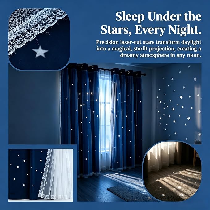 Kids Blackout Small Curtains for Bedroom/Living Room/Classroom, Sheer Overlay 2 Free Tiebacks,Double Layer Curtains with Star Cutout for Kids Room(W 52 x L 36 Inches,Navy Blue 2 Pcs)