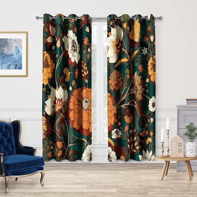 Jekeno Boho Floral Blackout Curtains Mid Century Morden Abstract Bohemian Flowers Print Drapes Decor Home Apartment Bedroom Living Room Darkening Grommet Window Treatments 2 Panels Set,42x54 Inch