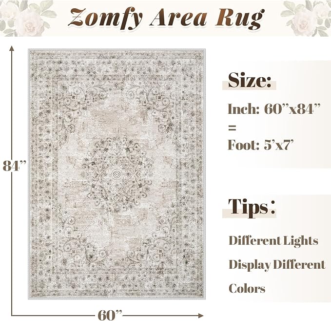 Area Rug 5x7 Vintage Rug: Washable Indoor Medallion Rugs Low Pile Distressed Floor Carpet Retro Accent Rug for Living Room Bedroom Kitchen Dining Table Home Office(Distressed Taupe, 5'x7')