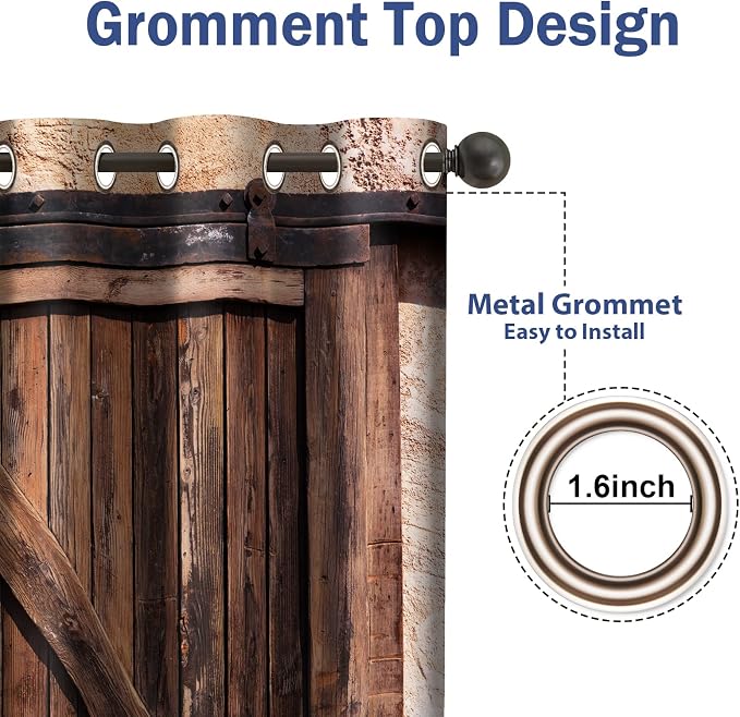 Jekeno Rustic Wood Blackout Curtains Vintage Wooden Barn Door Farmhouse Home Bedroom Living Room Decor Brown Grommet Window Drapes 2 Panel Set, 52"x84"