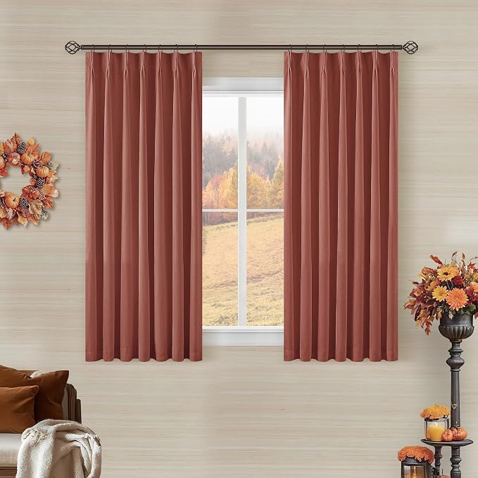 Terracotta Linen Blackout Curtains 45 Inch Length 2 Panels Pinch Pleated Back Tab Short Curtains for Kitchen with 100% Blackout Liner Rustic Farmhouse Drapes for Basement Thermal Insulated Drape