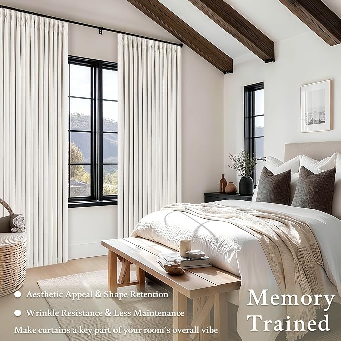 100 Inch Pinch Pleated Blackout Linen Curtains for Bedroom 2 Panels Memory Trained 100% Black Out Soundproof Room Darkening Ivory Cream White Window Curtains Double Layer Pinch Pleat Drapes