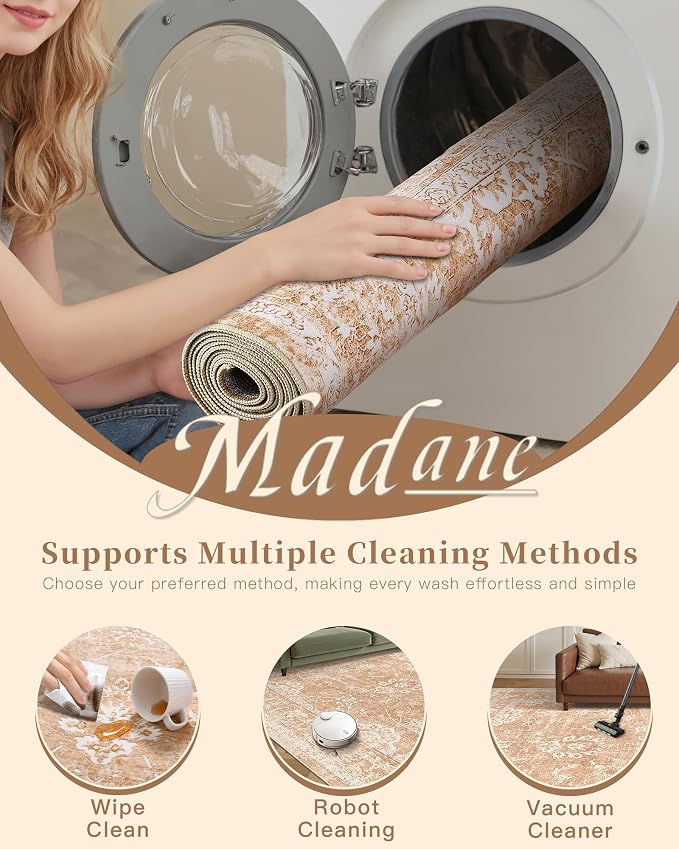 Madane Washable Area Rug 4x6, Low Pile Stain Resistant Vintage Area Rugs, Non Slip Accent Rug Floral Print Indoor Mat for Entryway Living Room Kitchen Bedroom, Jasper Orange