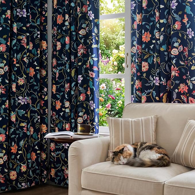 jinchan Hattie Dark Blue Floral Blackout Curtains 63 Inch Length – Room Darkening Drapes for Bedroom, Home Office & Study, Elegant Vintage Floral, Cozy Light Blocking, Set of 2 Panels Back Tab