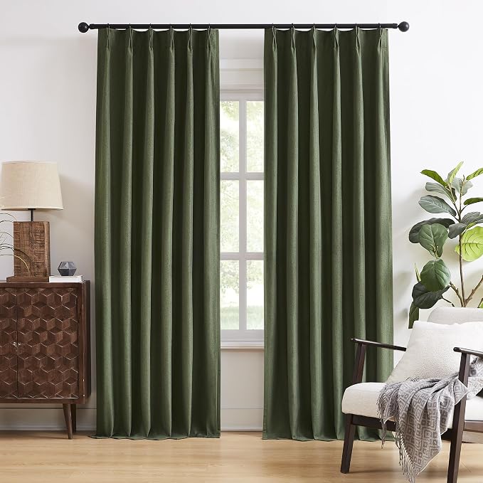 Olive Dark Green Pinch Pleated Curtains 84 Inches Long Burg,Back Tab with Hooks, Cooling Heat Reflective Linen Drapes for Bedroom Track System(2 Panels W40 xL84)