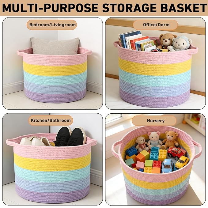 65L Large Blanket Basket,Woven Rope Laundry Basket Hamper with Handles,Decorative Nursery Basket Storage Bin for Toys, Pillows , Clothes Organizer, Living Room, Bedroom, Bathroom, Colorful