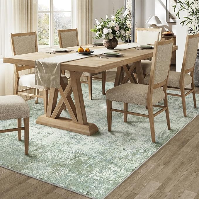 6x9 Washable Area Rug Sage Green Abstract Non Slip Soft Low Pile Rug for Living Room Bedroom Dining Room Office Neutral Modern Indoor Throw Carpet for Home Decor