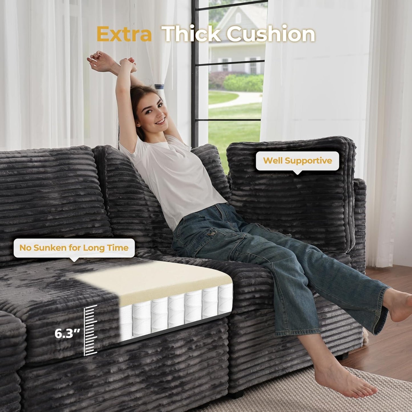 HOOOWOOO Modular Sectional Sofa,6 Pieces Sectional Couches for Living Room,131X66 L Shaped Cloud Couch with Ottoman Chaise Set(Grey Velvet Corduroy)