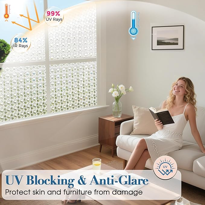 Windimiley Frosted Glass Window Privacy Film, 3D Diamond, 45.2" x 314.8" | Static Cling No Glue Removable, UV Heat Blocking, Decorative Window Film, Renter Friendly for Bathroom Bedroom Door