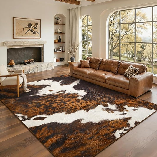 Soft Cowhide Rug 6x9 Ft, Faux Cow Hide Rugs for Living Room Bedroom, Non-Slip TPR Backing for Hardwood Floors, Machine Washable & Easy to Clean, Pet Friendly Carpet for Kids, Brown