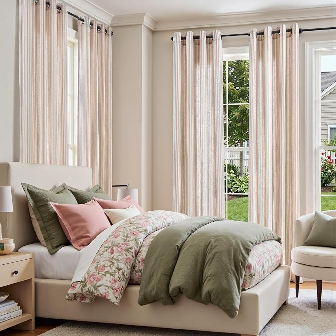 jinchan Linen Curtains for Living Room, Candy Striped Curtains 96 inch Length for Baby Girls Kids Room, Ticking Stripe Pattern Light Filtering Nursery Drapes, grommet Window Treatments, 2 Panels Candy
