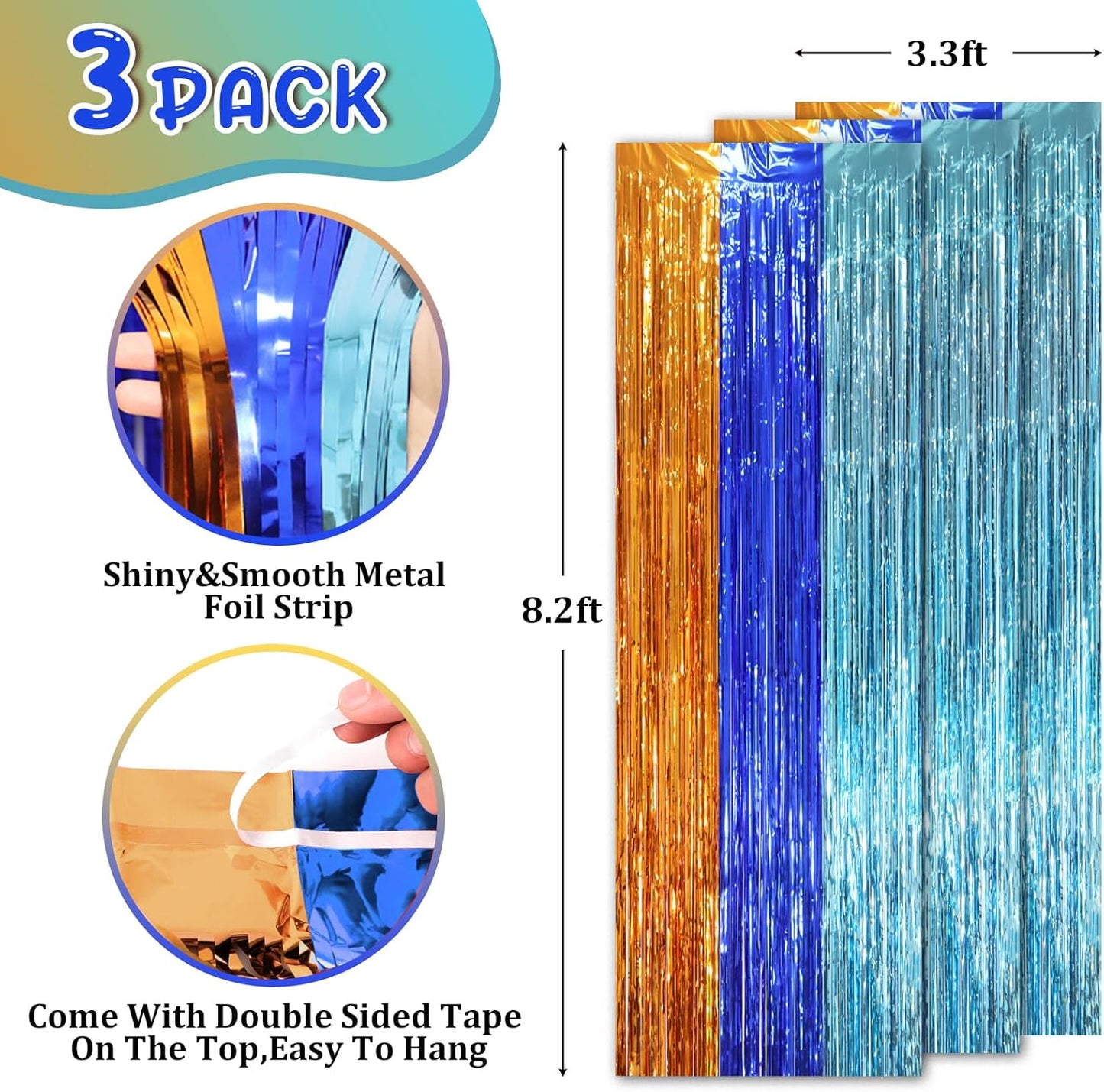 3 Pack 3.3 x 8.2 ft Blue Orange Foil Fringe Backdrop Curtains, Tinsel Streamers Party Decorations, Fringe Backdrop, Door Shimmer for Birthday Party