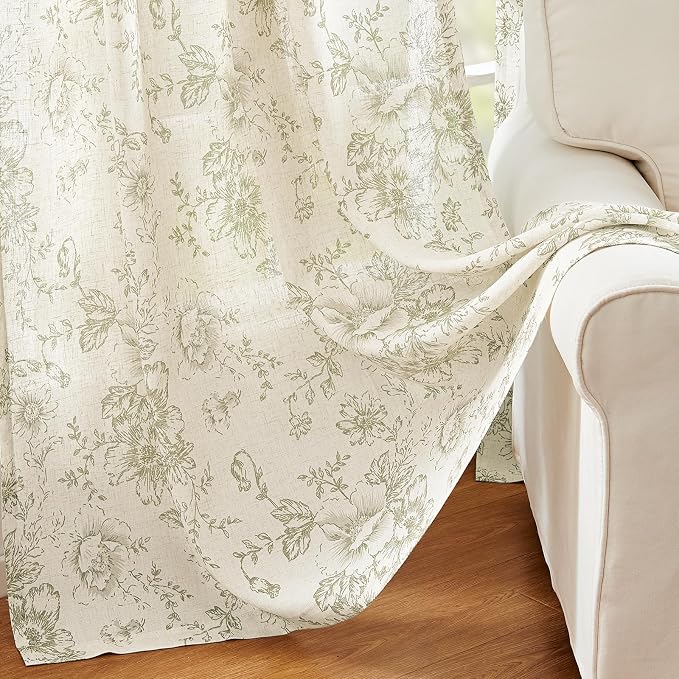 jinchan Linen Blend Floral Curtains for Living Room 63 Inch Length Farmhouse Printed Curtain Rod Pocket Back Tab Sage Green Peony Flower Patterned Drapes Bedroom Curtains Set 2 Panels