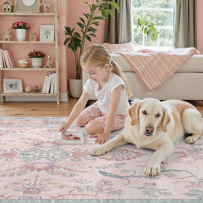DCX 5x7 Pink Vintage Floral Rug, Machine Washable Non Slip Low Pile Carpet for Girl’s Bedroom, Nursery, Dorm, Kid & Pet Friendly Soft Stain Resistant Rug